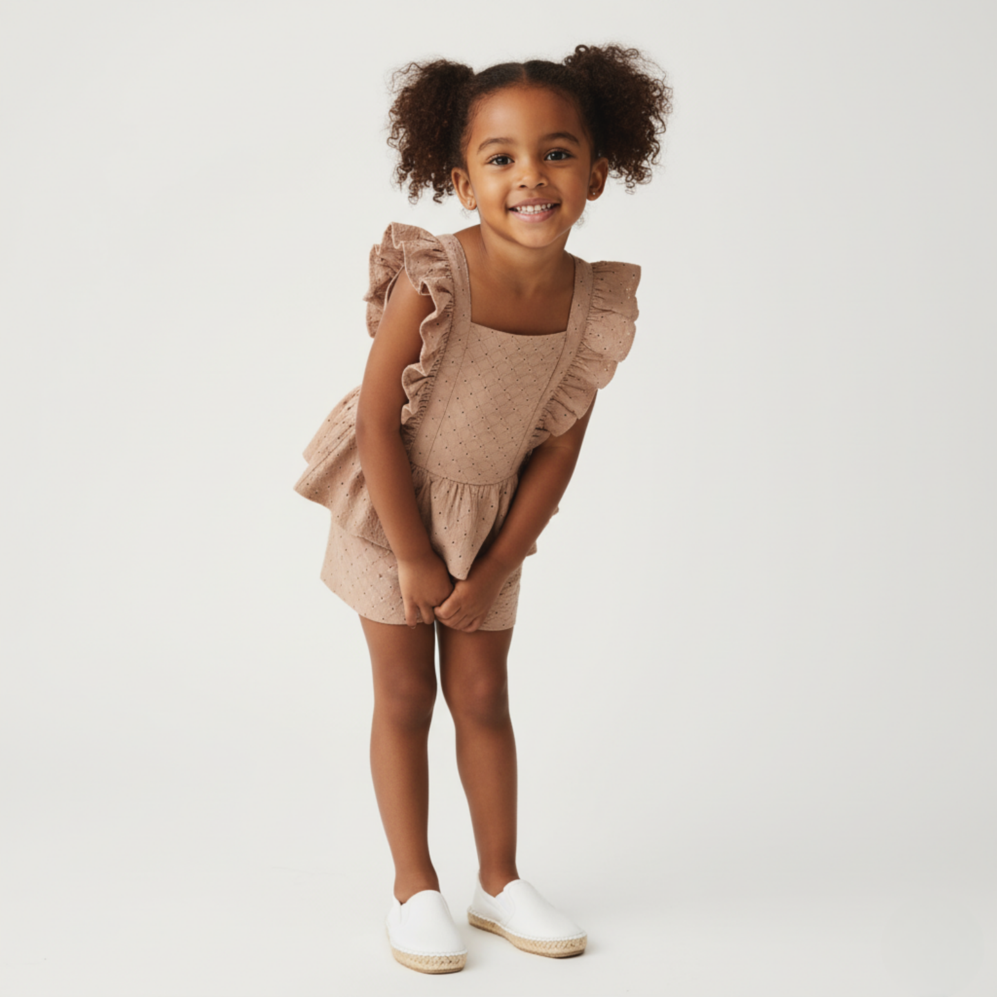 Organic Eyelet Flutter Top And Shorts Set - Clay Eyelet