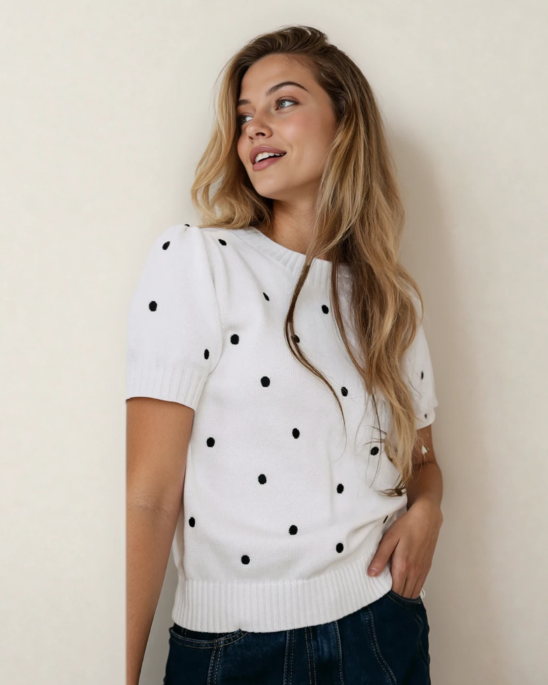River Polka Dot Bubble Short Sleeve Sweater - White