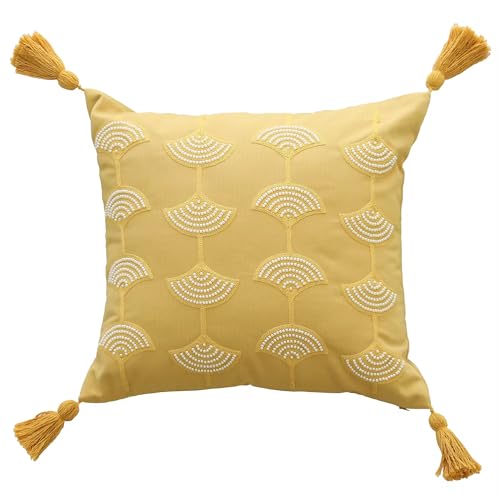 Fennco Styles Hand Beaded Embroidery Ginkgo Leaf Throw Pillow with Tassel 18" W x 18" L - Green Leaves Cotton Cushion for Home, Couch, Living Room, Bedroom and Office Décor