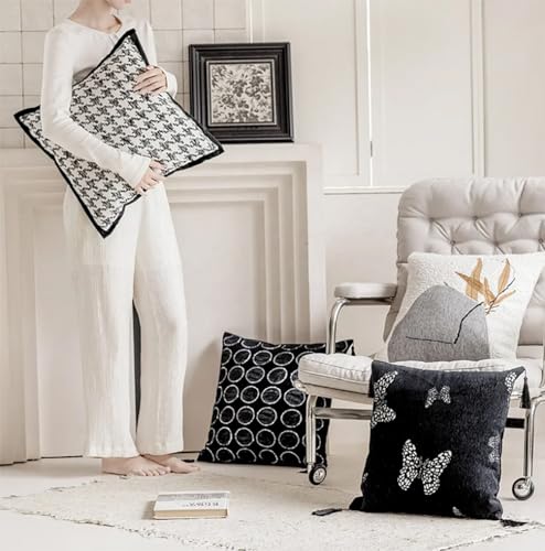 Fennco Styles Jacquard Butterfly Tassel Decorative Filled Throw Pillow 18" W X 18" L – Black Woven Square Cushion for Couch, Sofa, Bedroom, Office and Living Room Décor