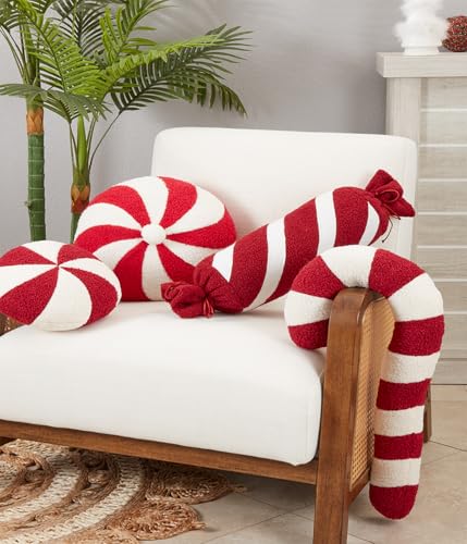 Fennco Styles Peppermint Candy Decorative Filled Throw Pillow 16" X 16" Round - Red and White Holiday Accent Pillow for Christmas, Home, Couch, Bedroom, Living Room and Office Decor