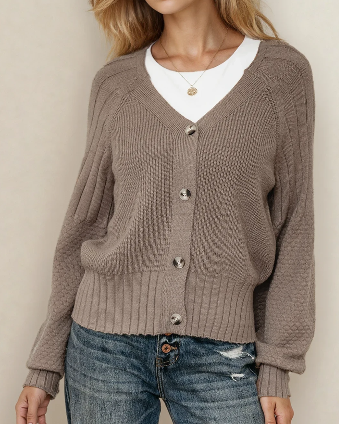 Jane Mixed Texture Knit Button V Neck Sweater Cardigan - Brown