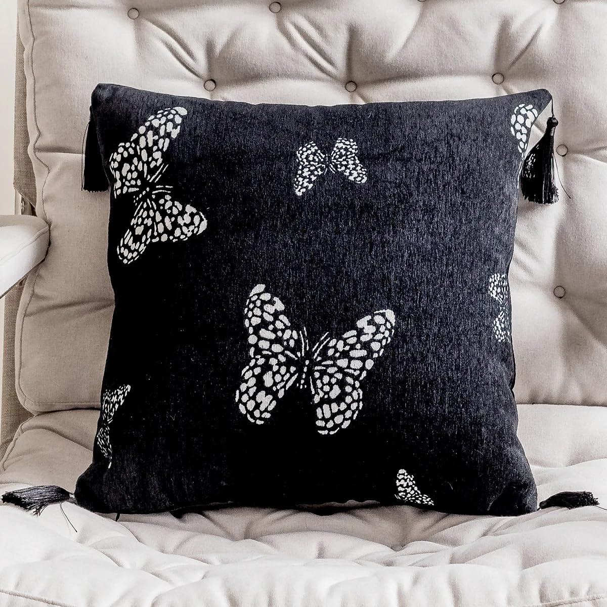 Fennco Styles Jacquard Butterfly Tassel Decorative Filled Throw Pillow 18" W X 18" L – Black Woven Square Cushion for Couch, Sofa, Bedroom, Office and Living Room Décor