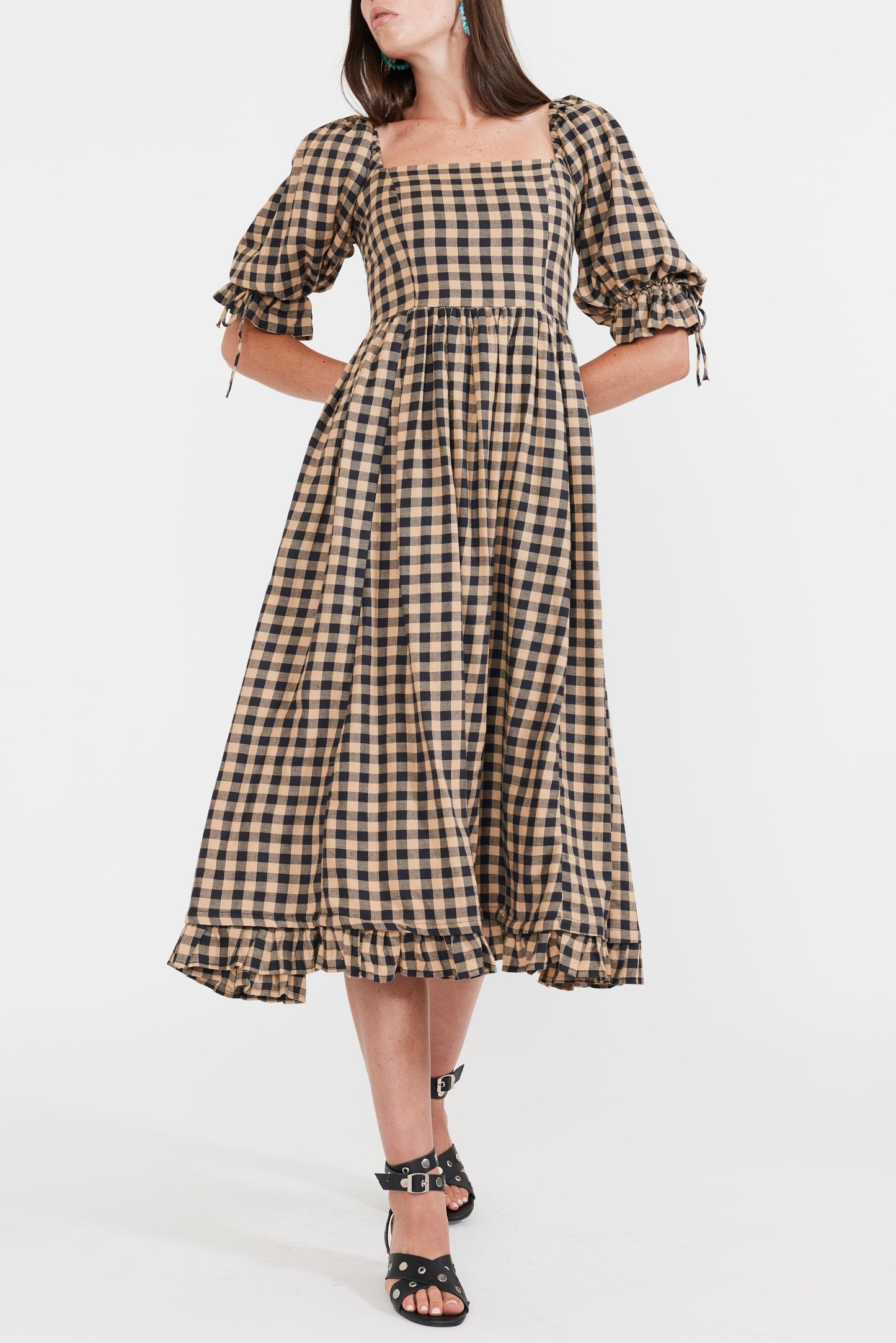 Grace Midi Dress - Black & Tan Check