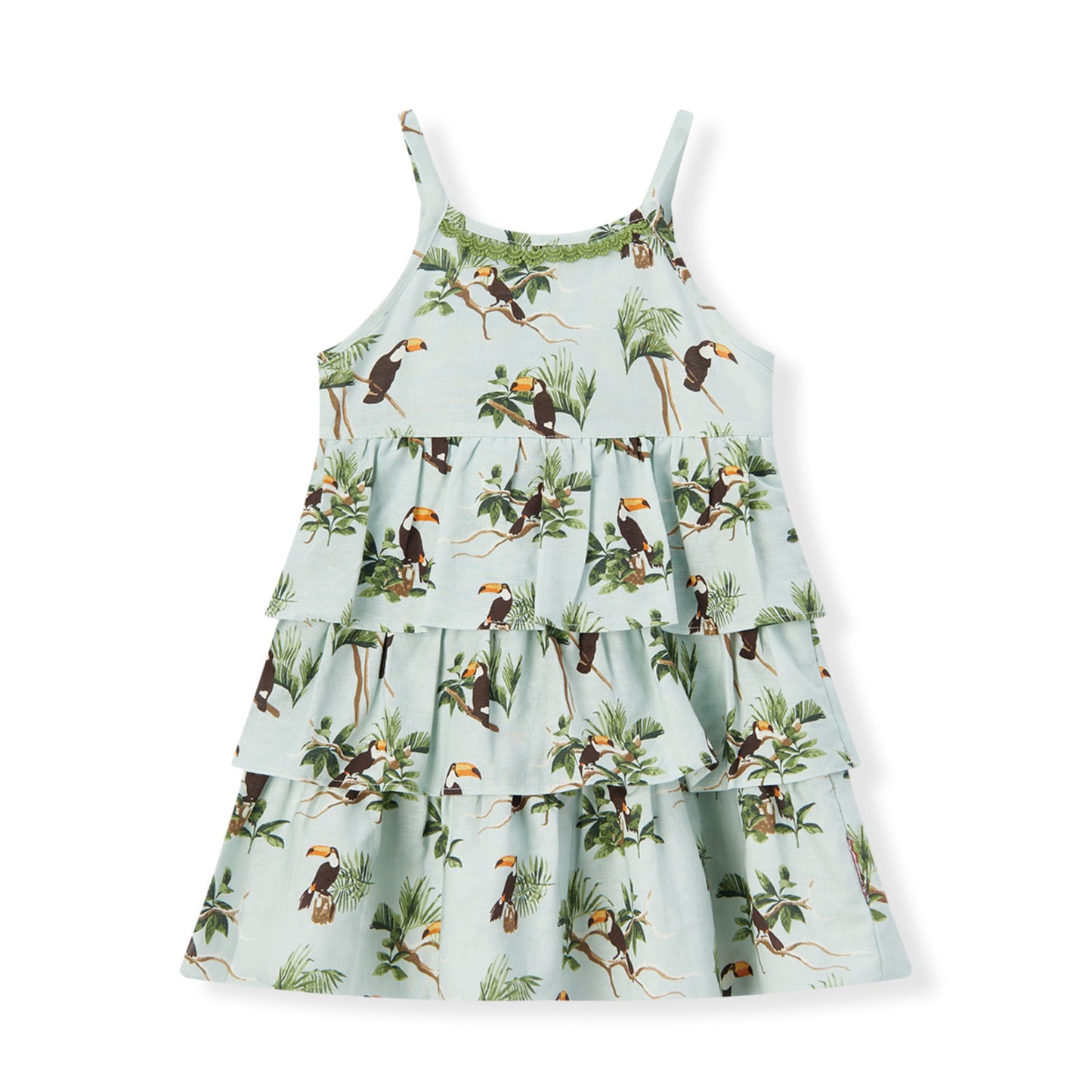 Blue Sky Toucan Linen Tiered Dress
