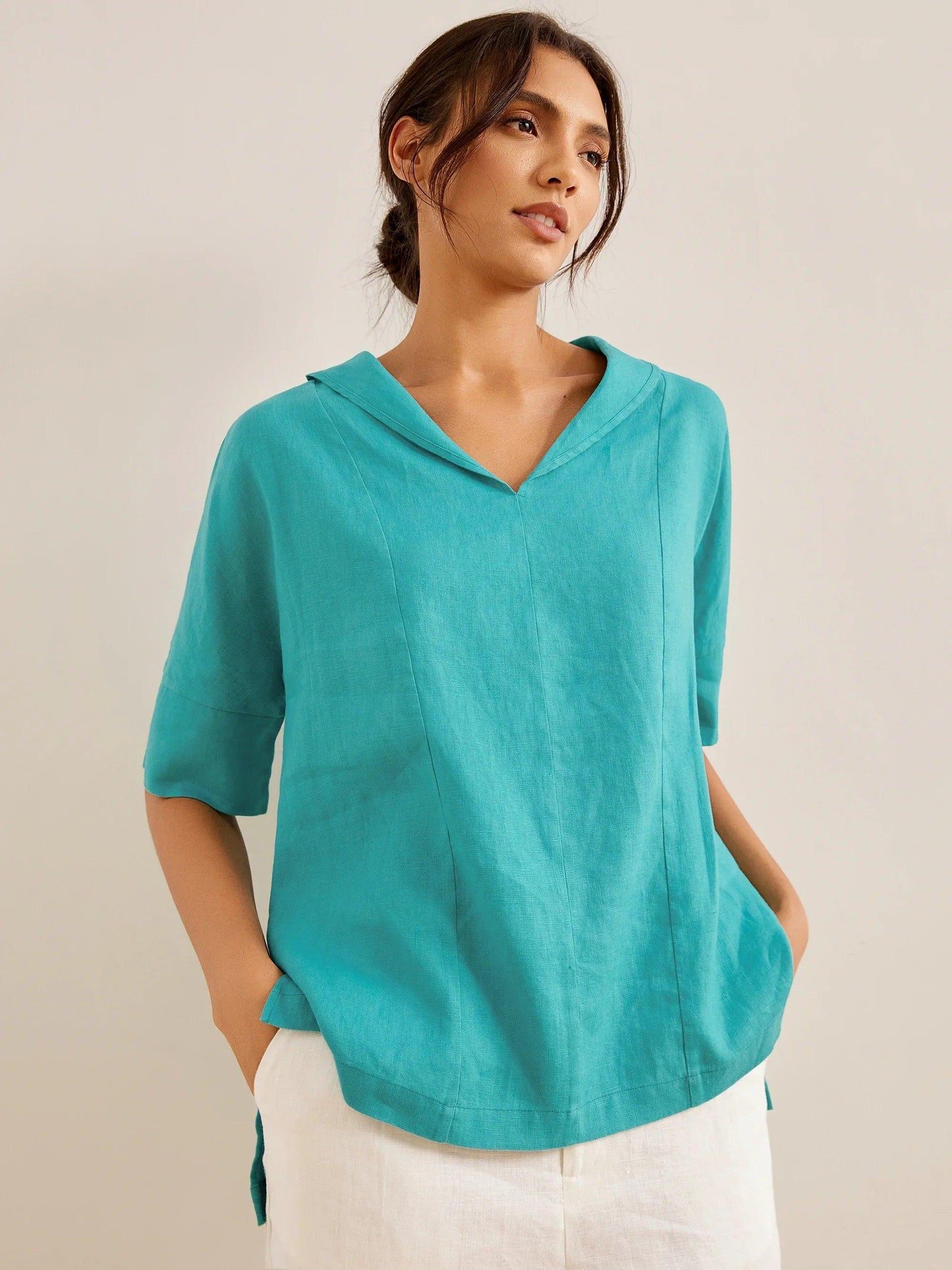 Linen V-Neck Short Sleeve Shirt SIERRA