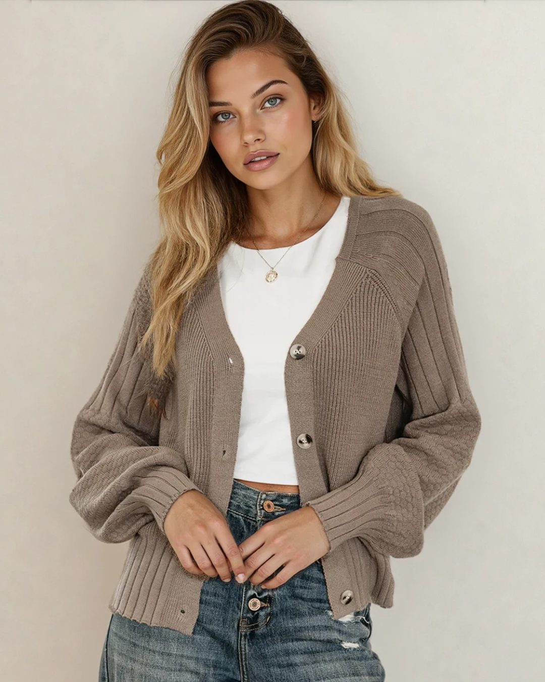 Jane Mixed Texture Knit Button V Neck Sweater Cardigan - Brown