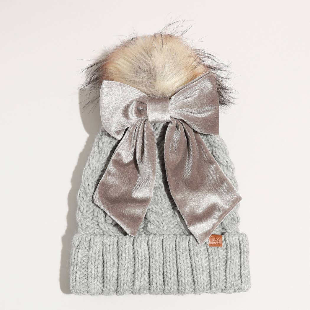 Winter Knitted Beanie Pom Pom Ribbon Bow Scrunchie