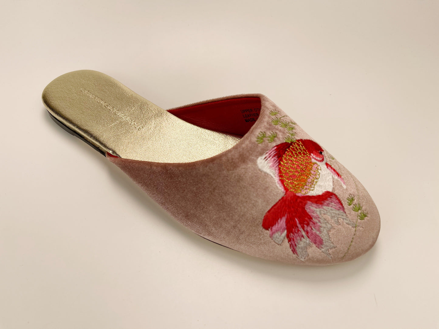 Embroidered goldfish in dusty pink velvet mules slippers