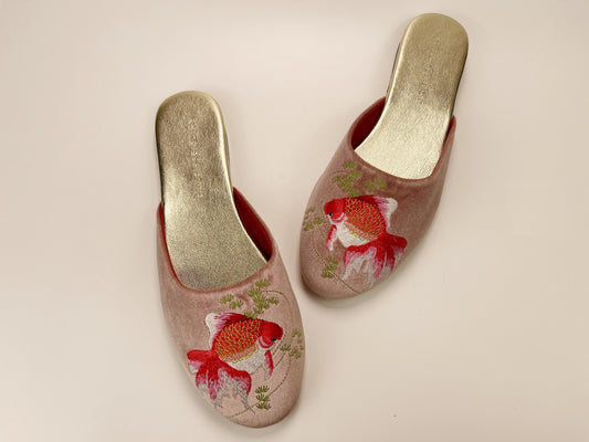 Embroidered goldfish in dusty pink velvet mules slippers