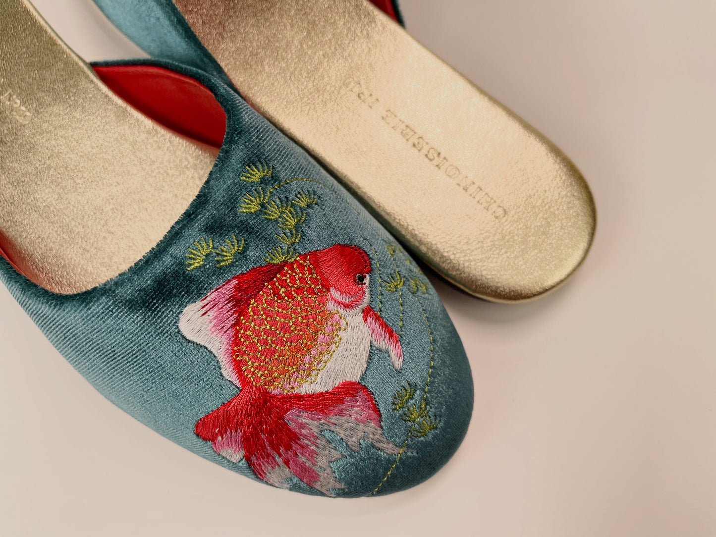 Embroidered goldfish in teal velvet mules slippers