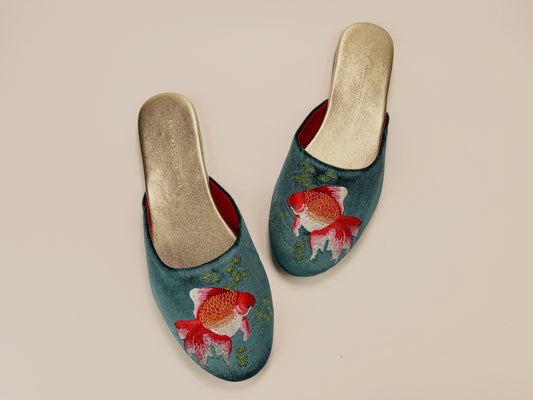 Embroidered goldfish in teal velvet mules slippers