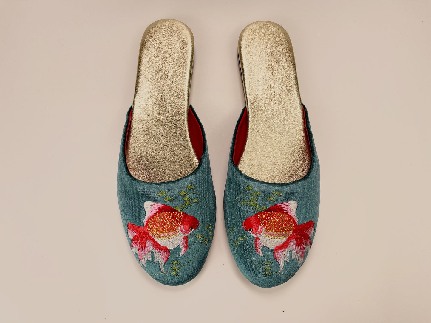 Embroidered goldfish in teal velvet mules slippers