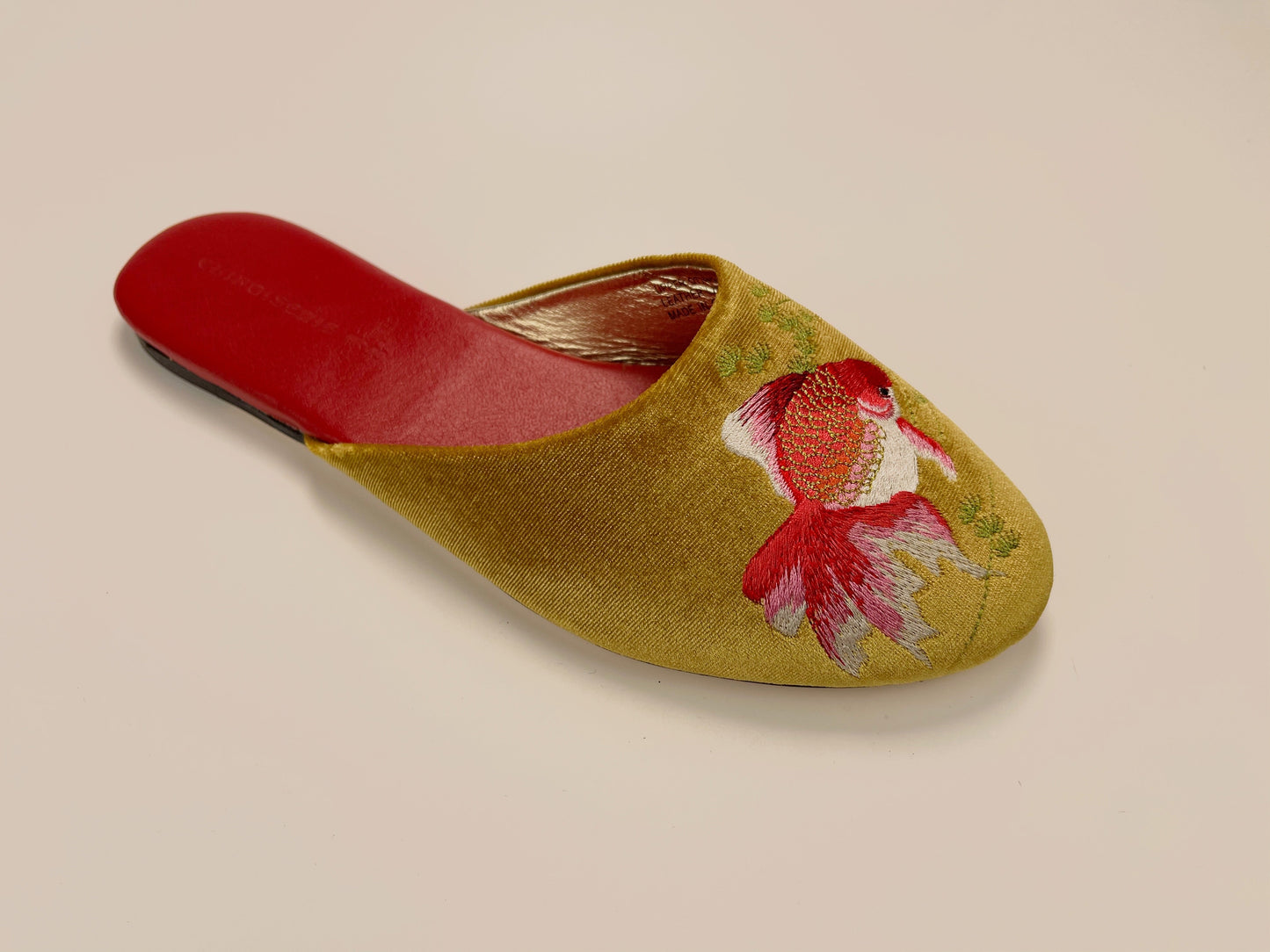 Embroidered goldfish in gold velvet mules slippers