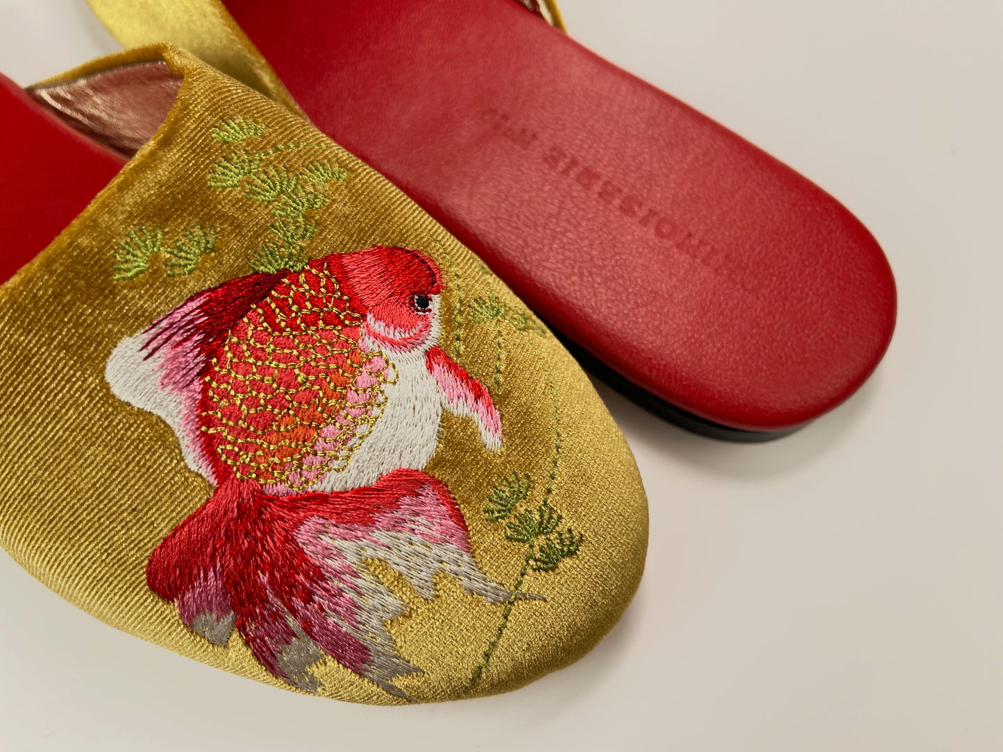 Embroidered goldfish in gold velvet mules slippers