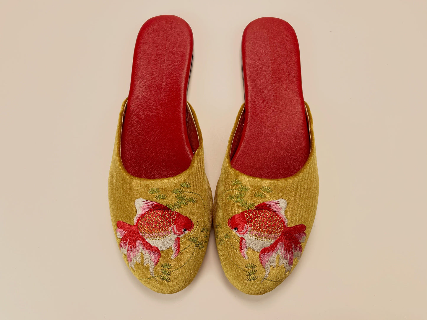 Embroidered goldfish in gold velvet mules slippers