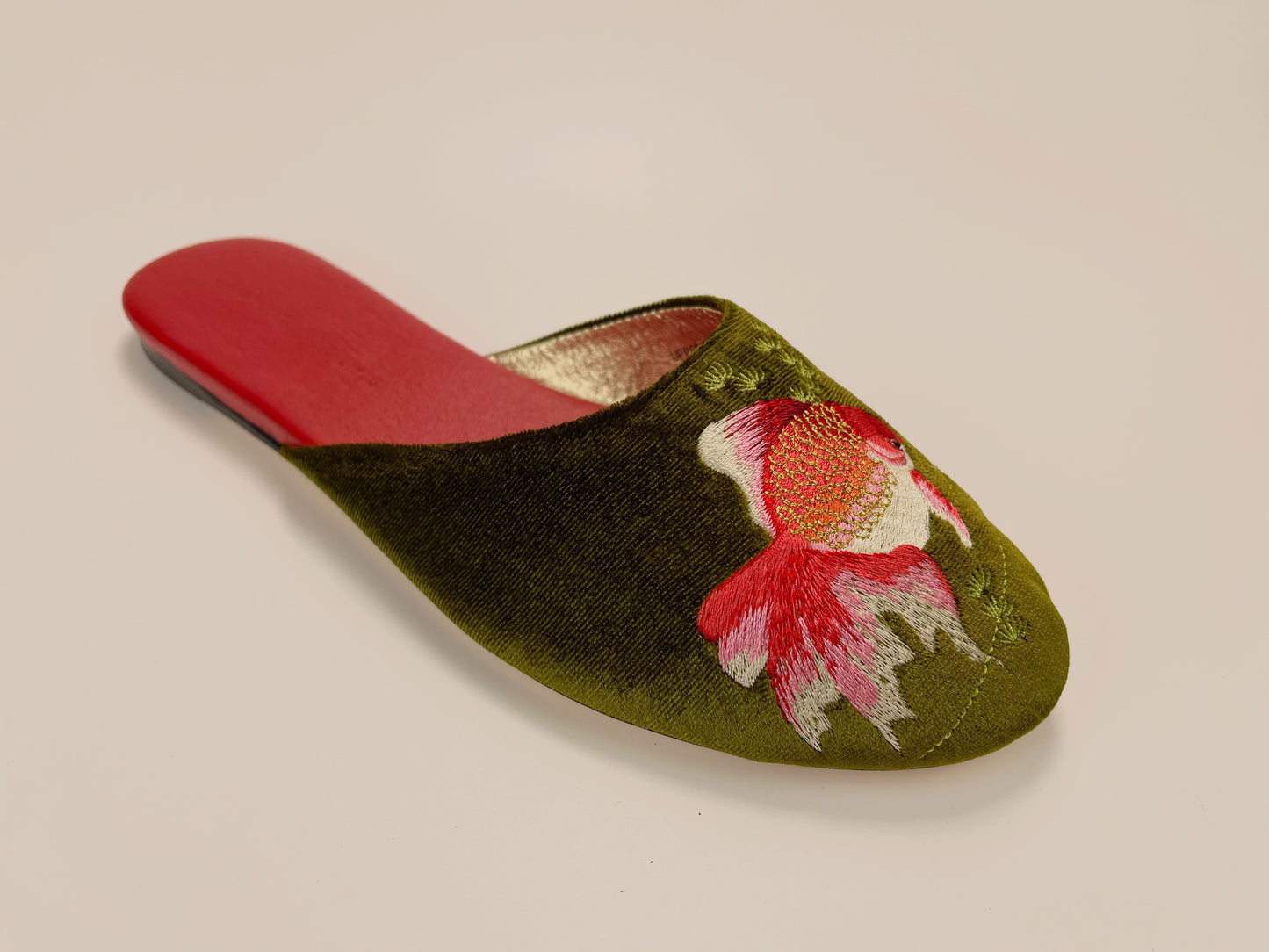 Embroidered goldfish in olive velvet mules slippers