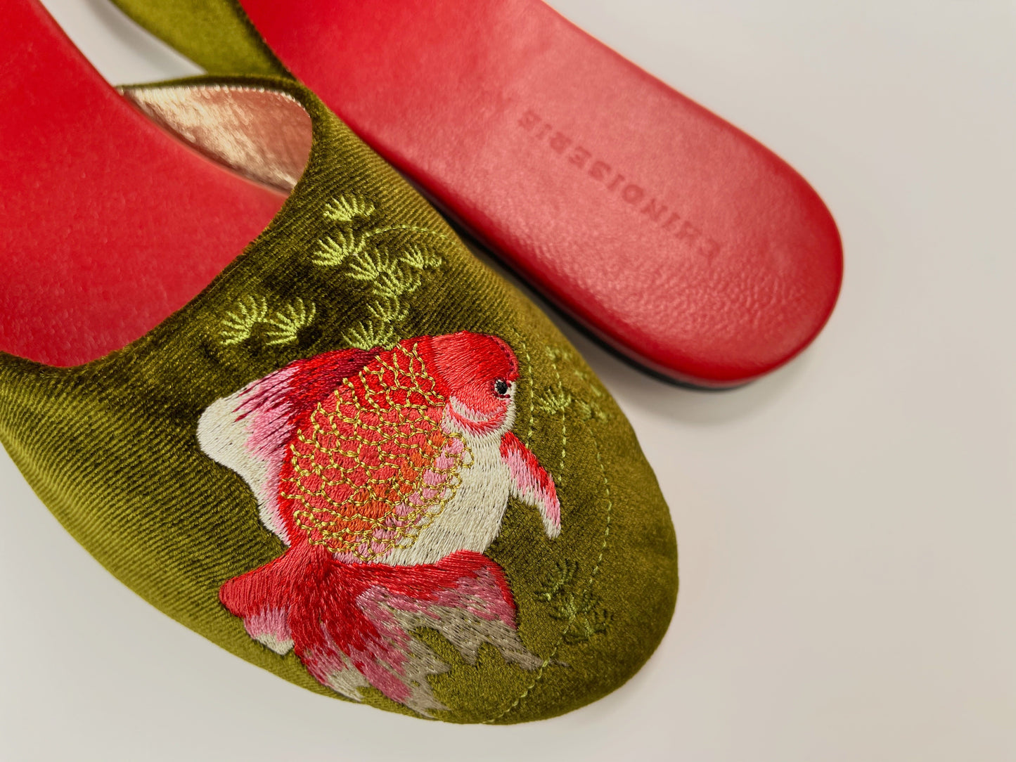Embroidered goldfish in olive velvet mules slippers