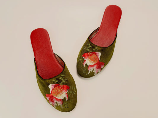 Embroidered goldfish in olive velvet mules slippers