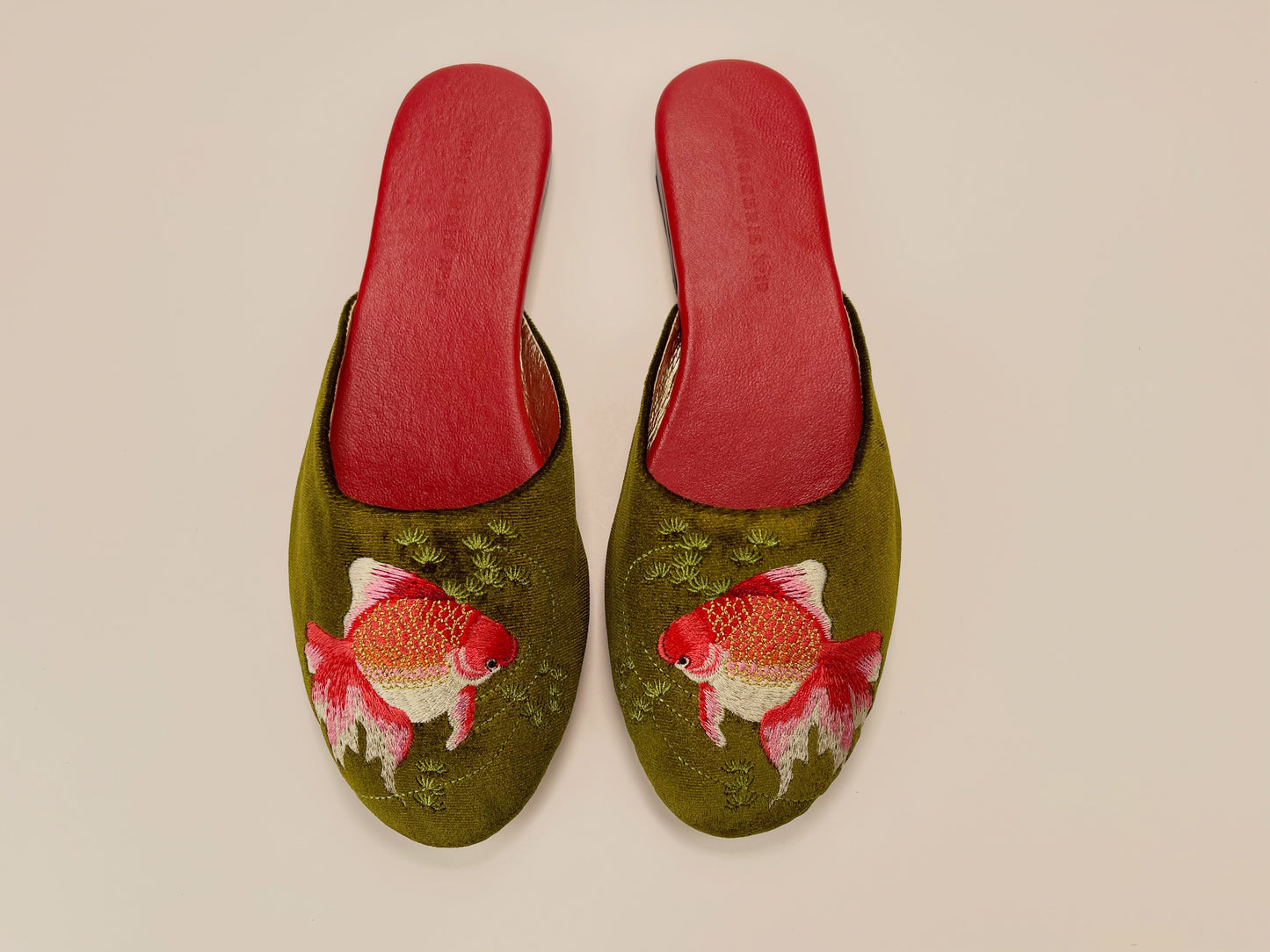 Embroidered goldfish in olive velvet mules slippers