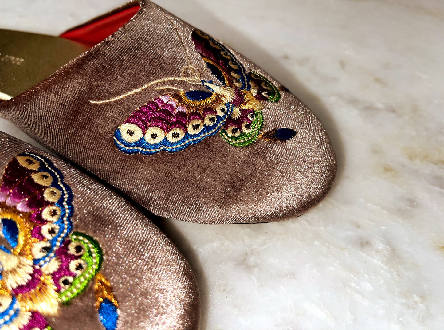 Embroidered butterfly in taupe velvet mules slippers