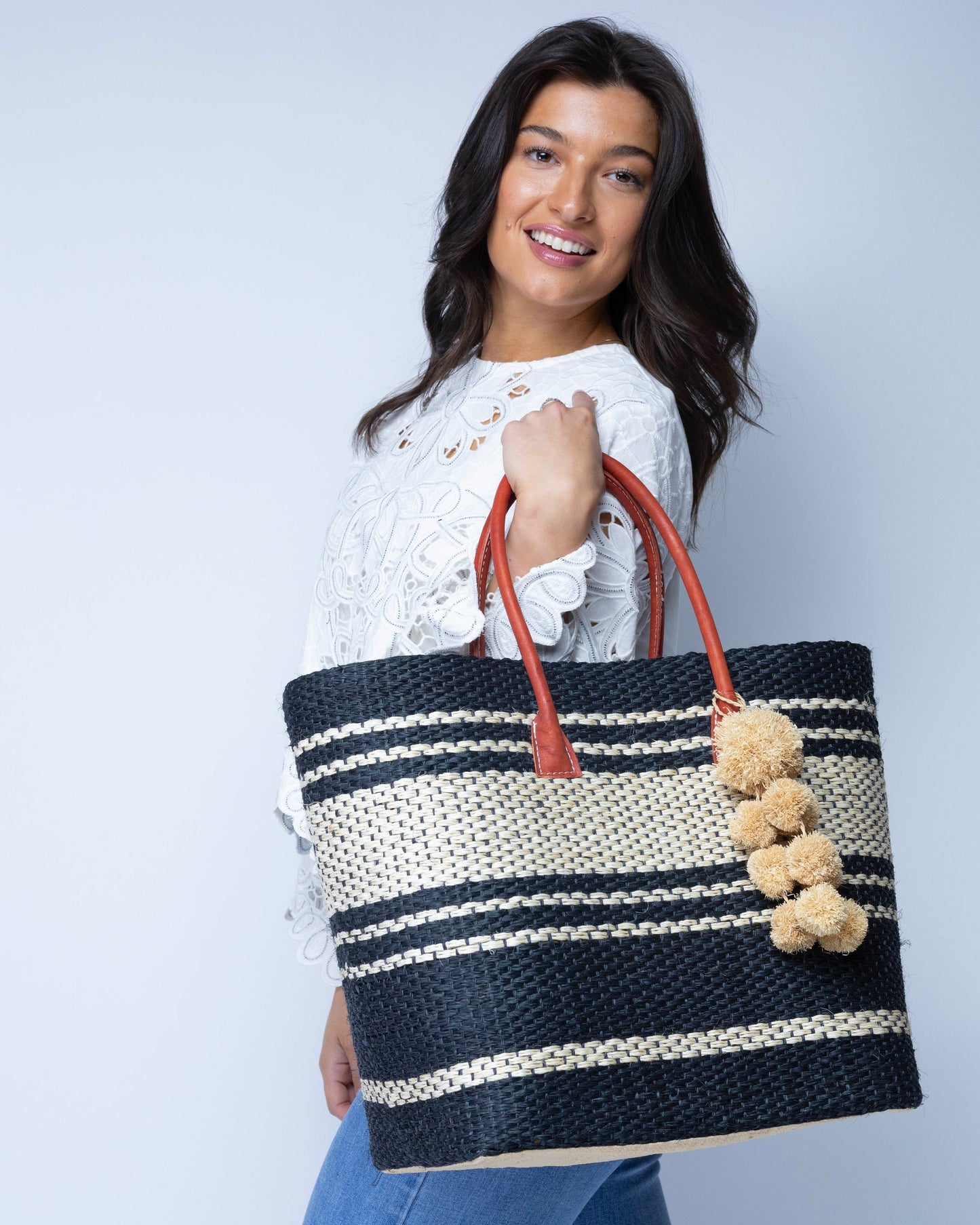 Cabrillo Large Sisal Basket Bag with Waterfall Pompoms Charm Embellishment