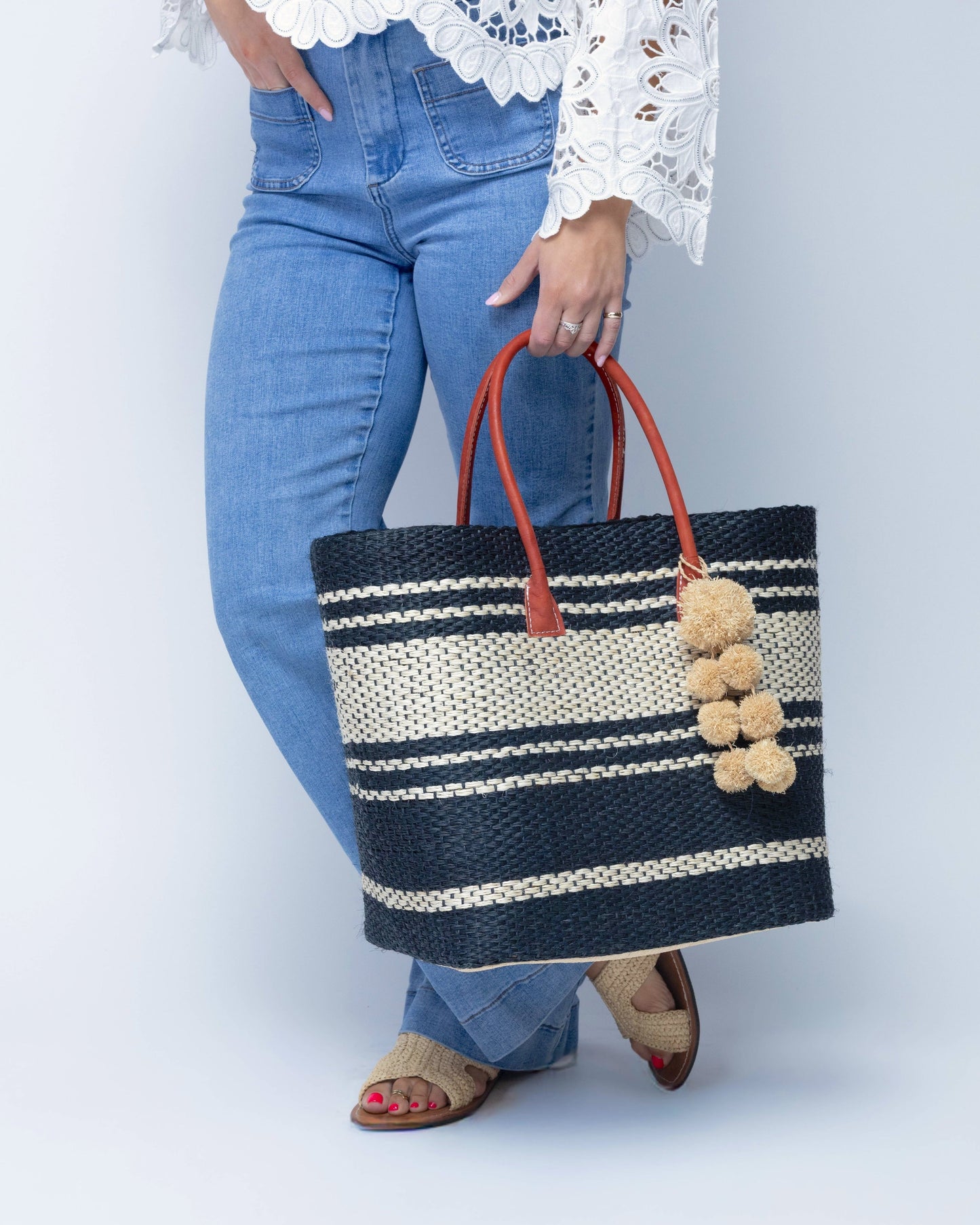 Cabrillo Large Sisal Basket Bag with Waterfall Pompoms Charm Embellishment