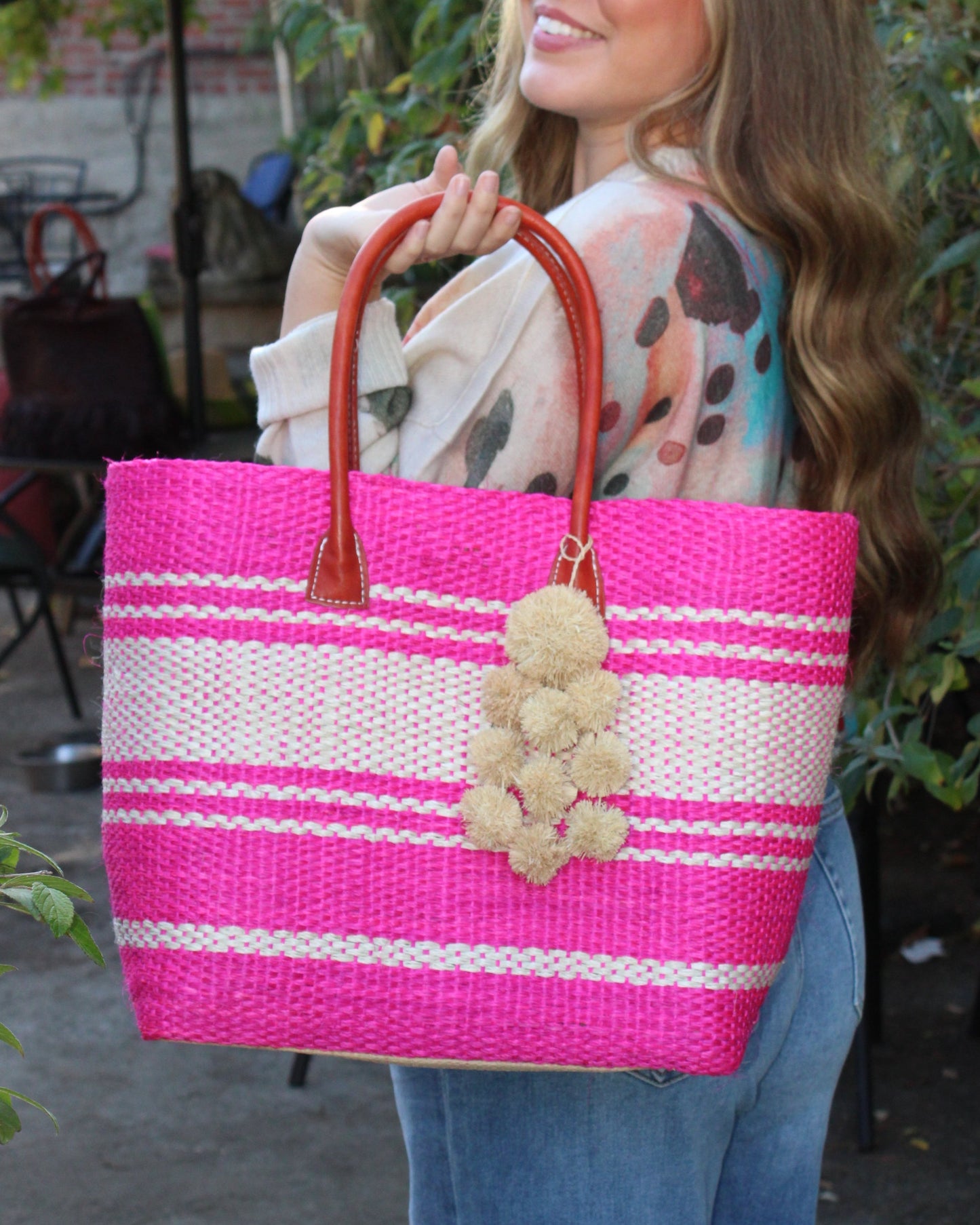 Cabrillo Large Sisal Basket Bag with Waterfall Pompoms Charm Embellishment