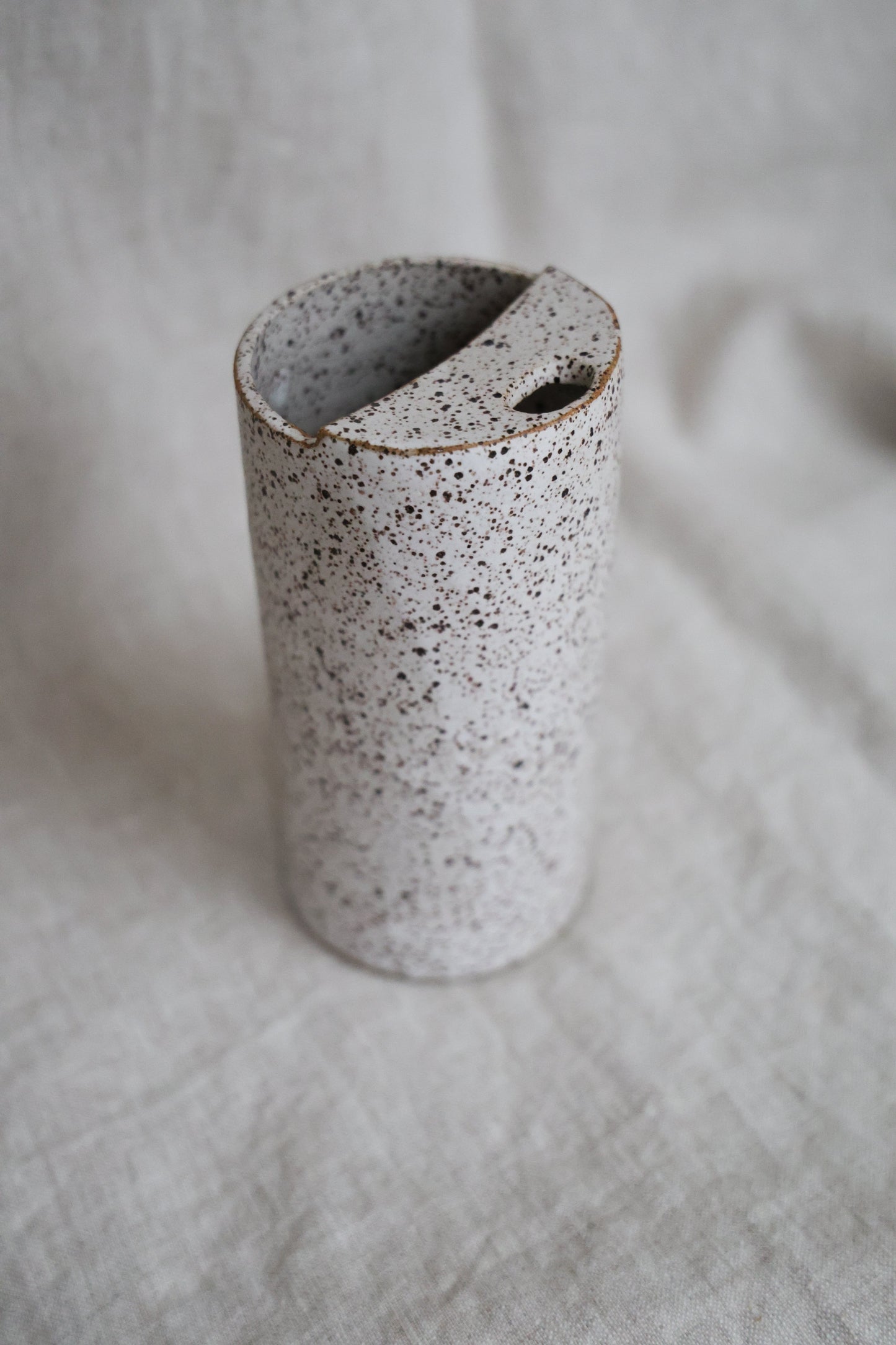 Matte White Speckled To Go Cup, Travel Mug, Mustache Saver, Ceramic Stoneware Hand Thrown in Gorham Maine 14-16oz.