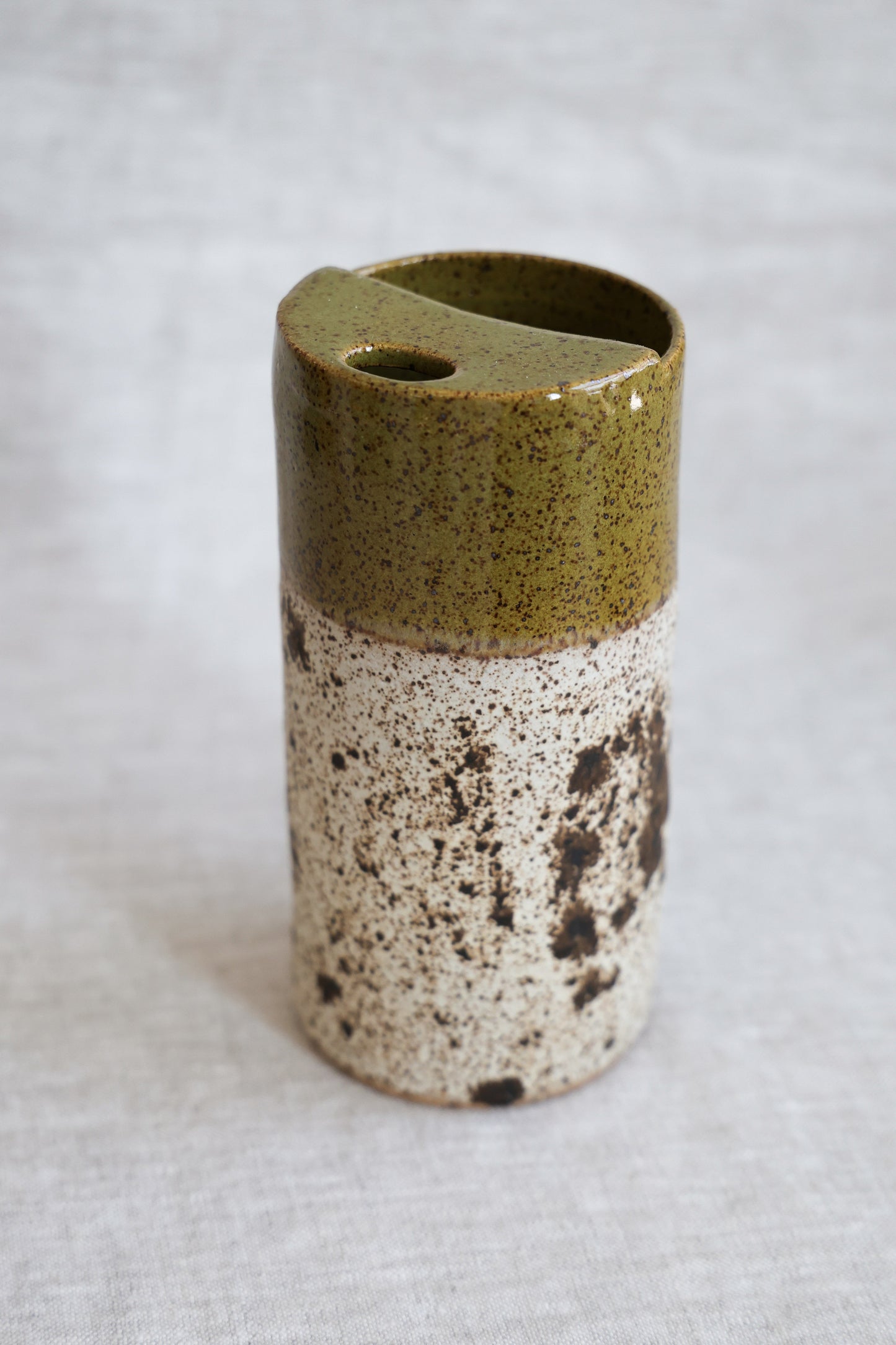 Olive Green and Quail Egg Speckled To Go Cup, Travel Mug, Travel Tumbler, Mustache Saver, Ceramic Stoneware,  Hand Thrown in Maine 14-16oz.  Pottery Cup