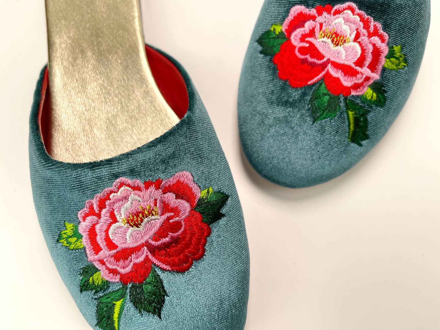 Embroidered peony in teal velvet mules slippers
