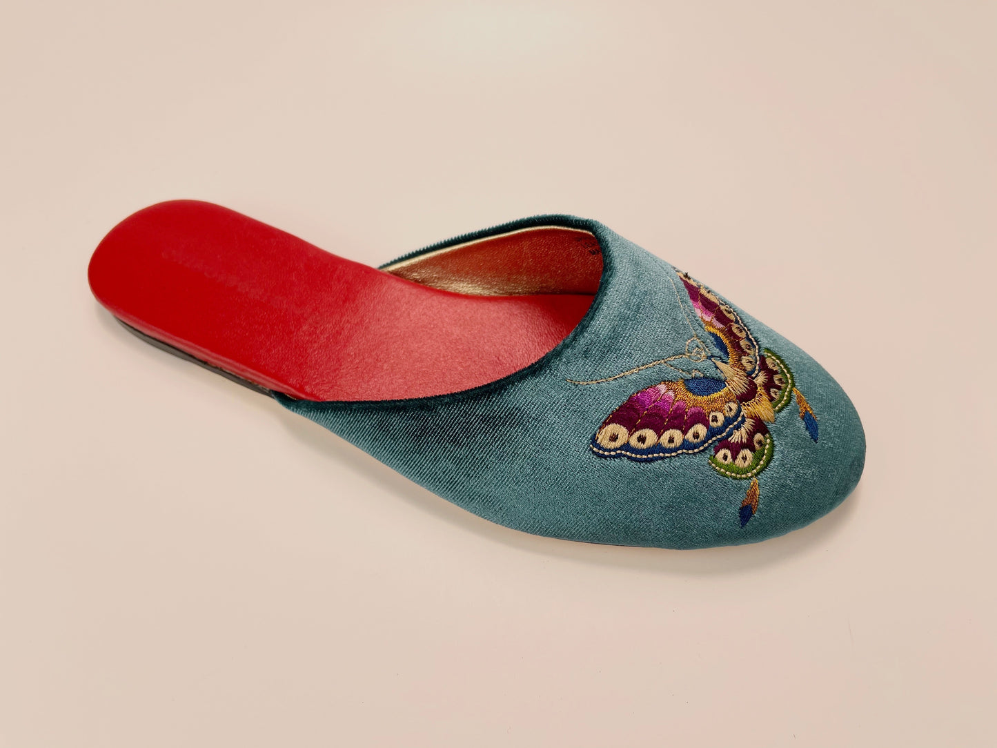 Embroidered butterfly in teal velvet mules slippers