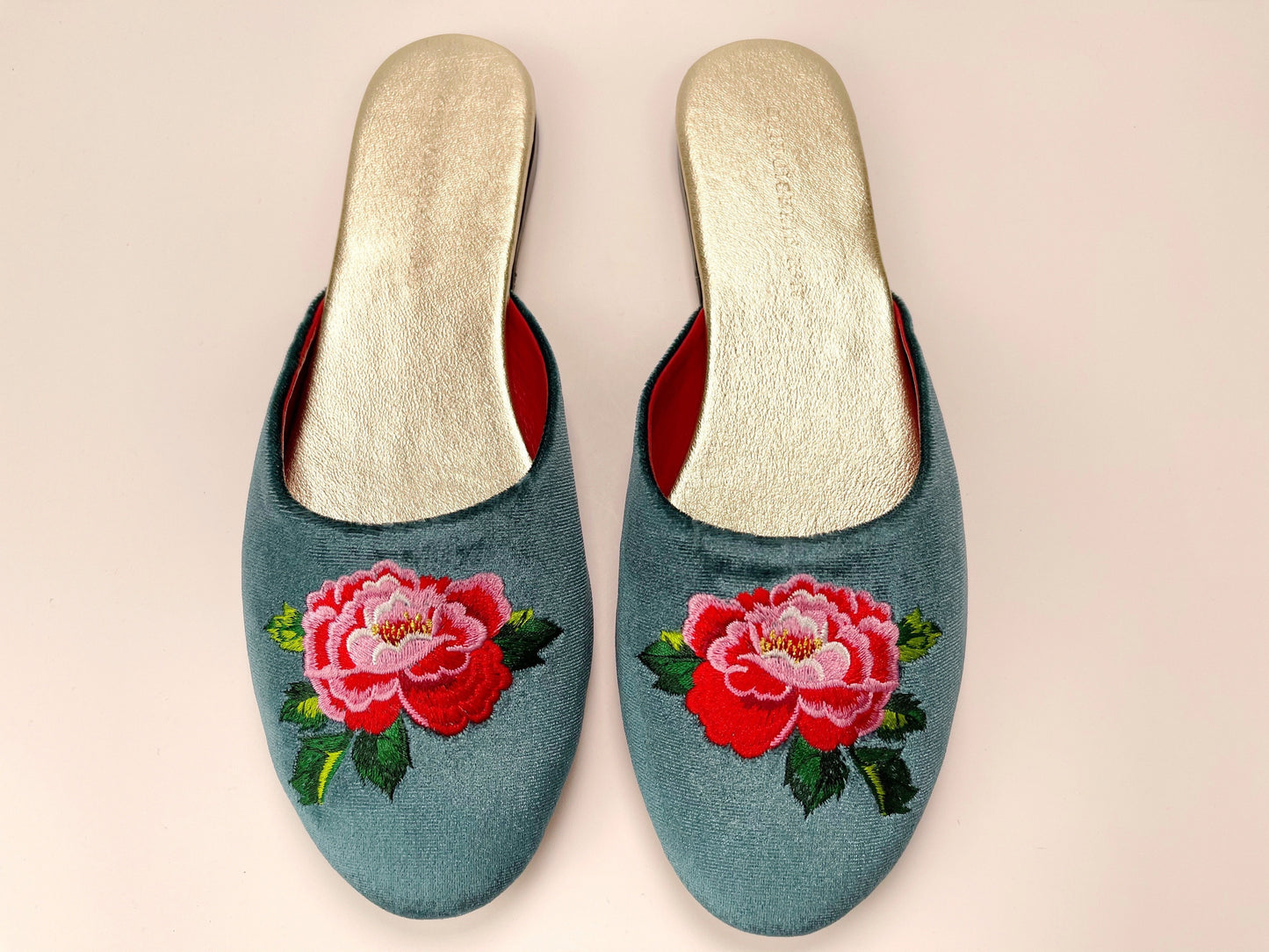 Embroidered peony in teal velvet mules slippers