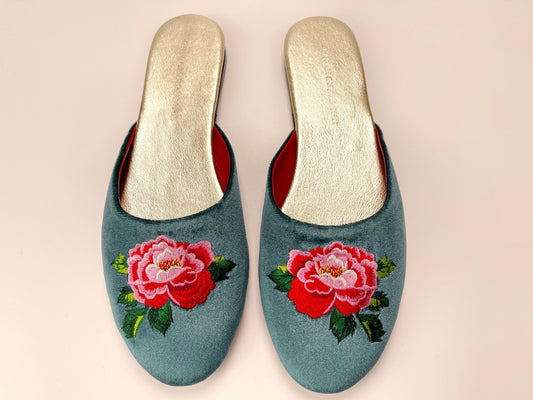 Embroidered peony in teal velvet mules slippers
