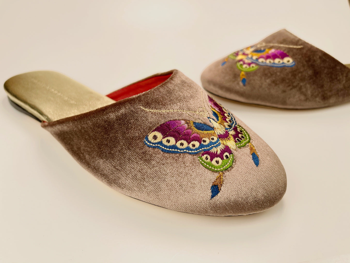 Embroidered butterfly in taupe velvet mules slippers
