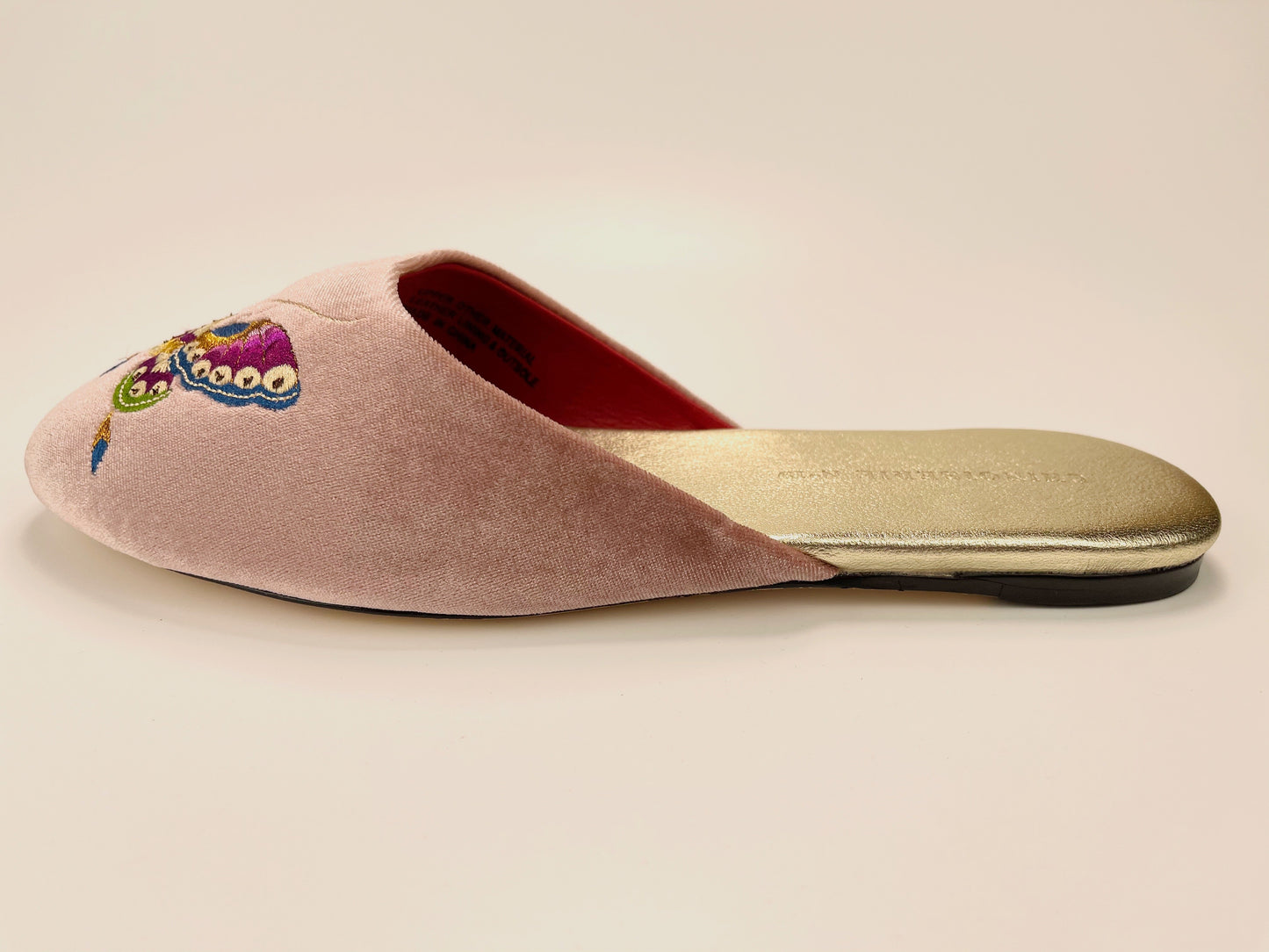 Embroidered butterfly in dusty pink velvet mules slippers