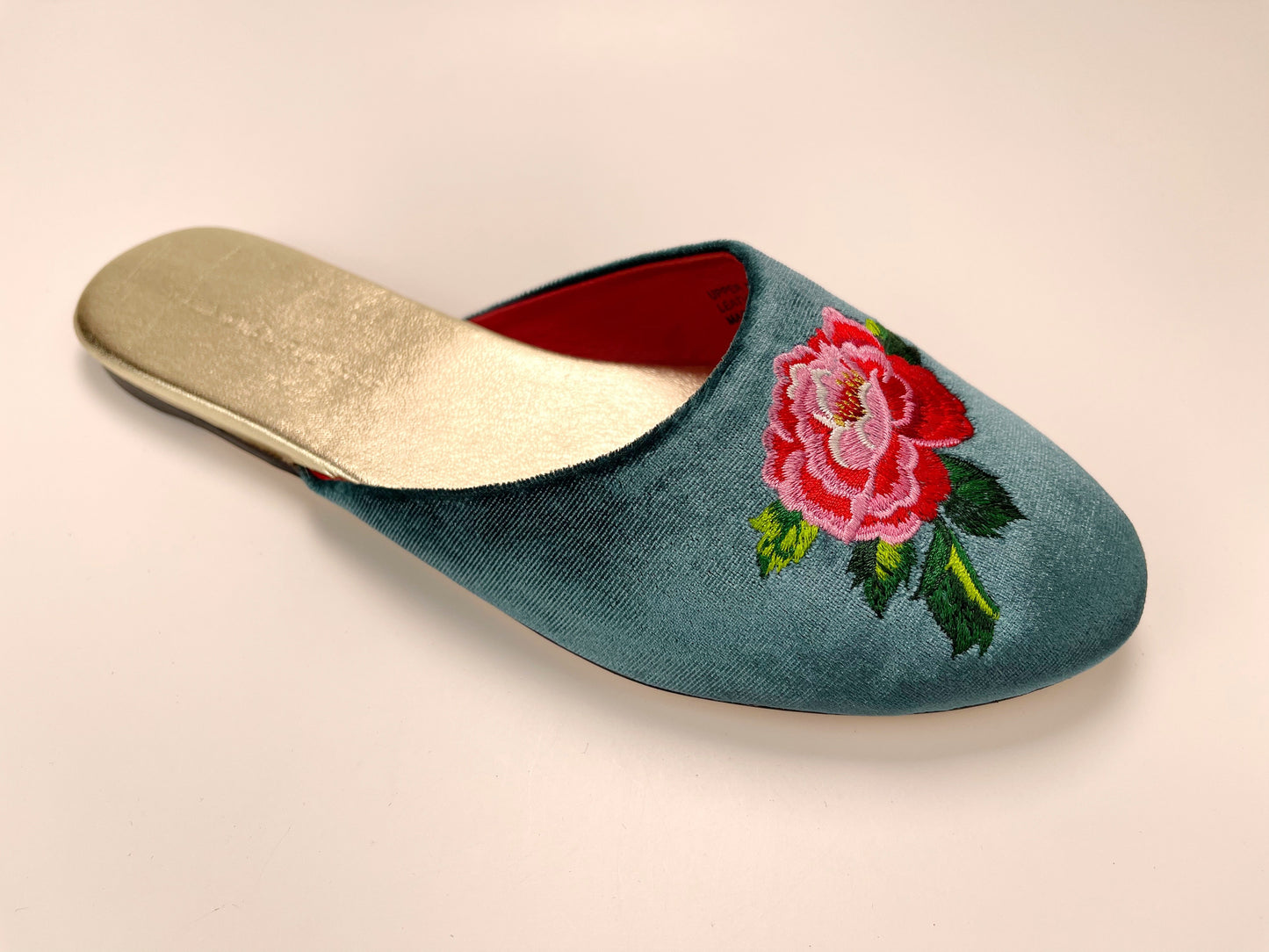 Embroidered peony in teal velvet mules slippers