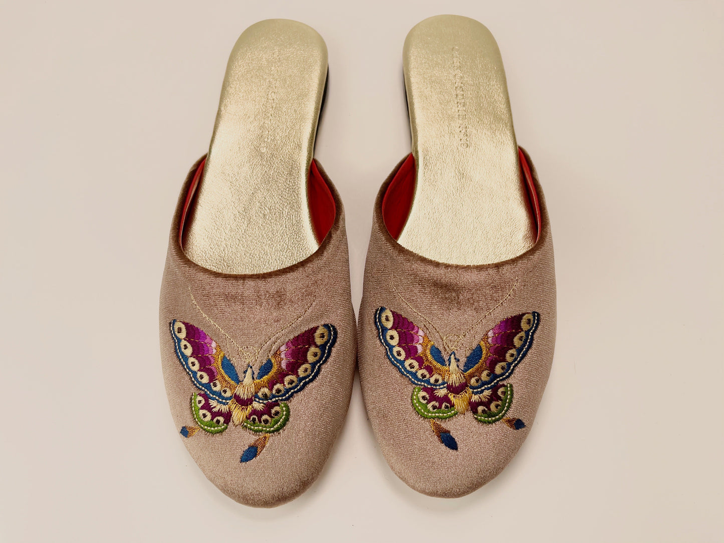 Embroidered butterfly in taupe velvet mules slippers