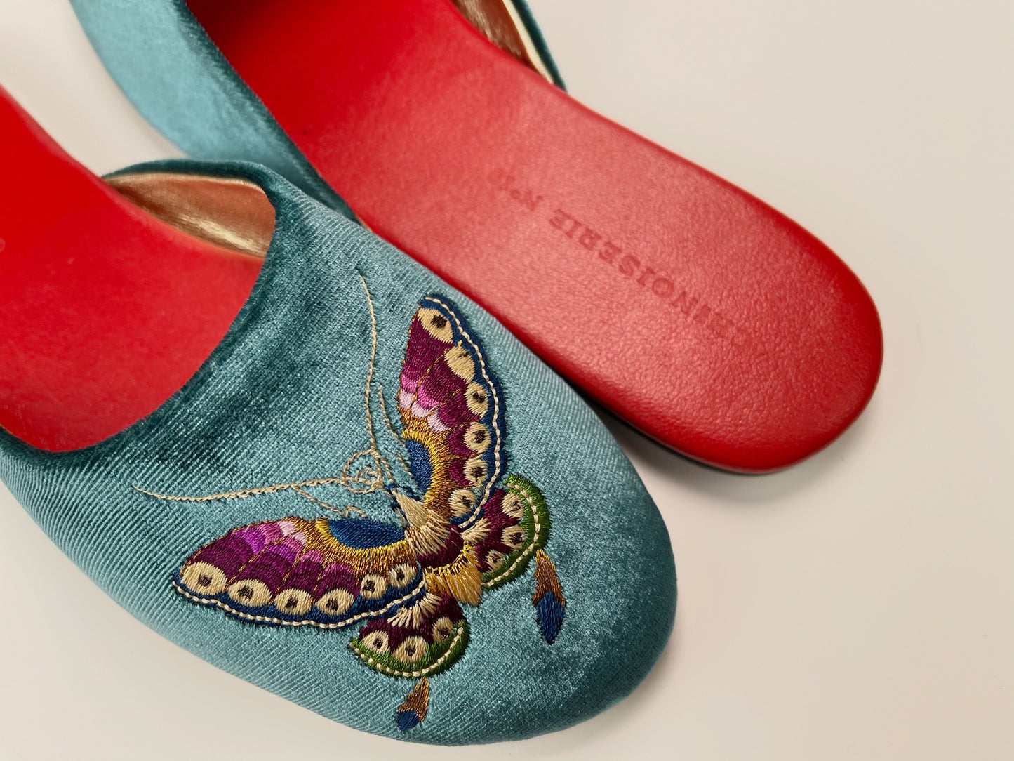 Embroidered butterfly in teal velvet mules slippers