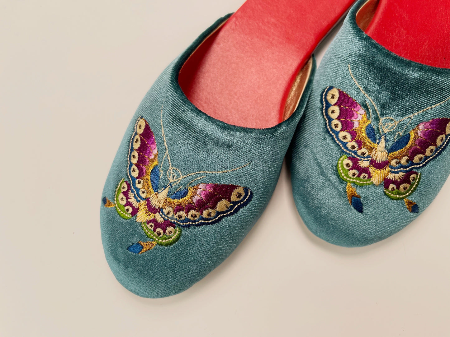 Embroidered butterfly in teal velvet mules slippers