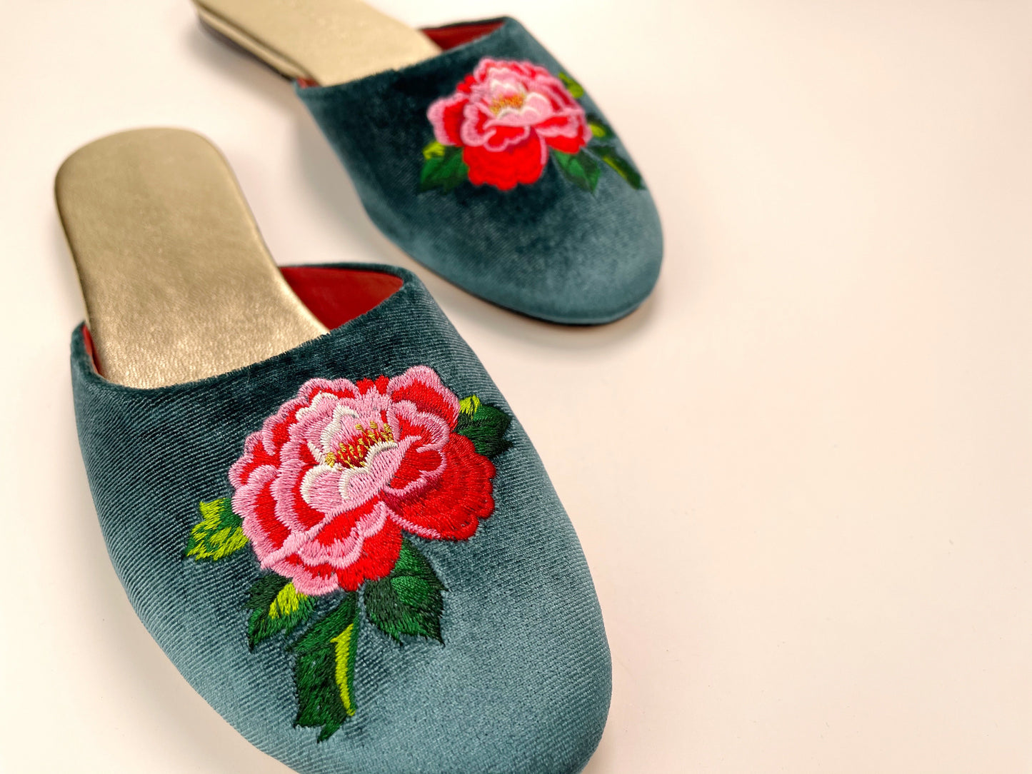 Embroidered peony in teal velvet mules slippers