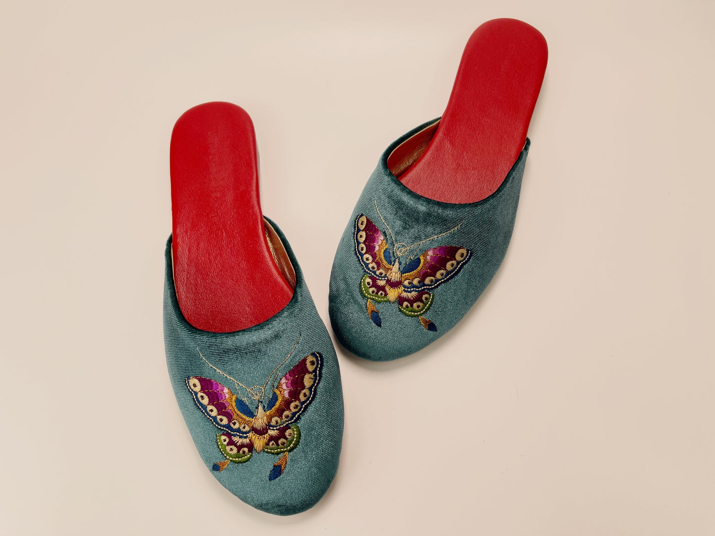 Embroidered butterfly in teal velvet mules slippers