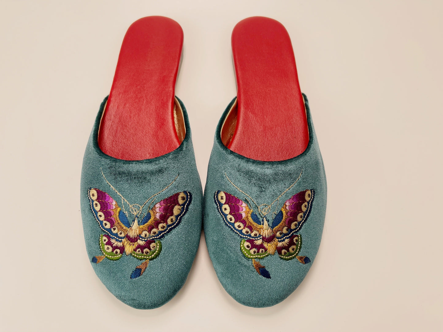 Embroidered butterfly in teal velvet mules slippers