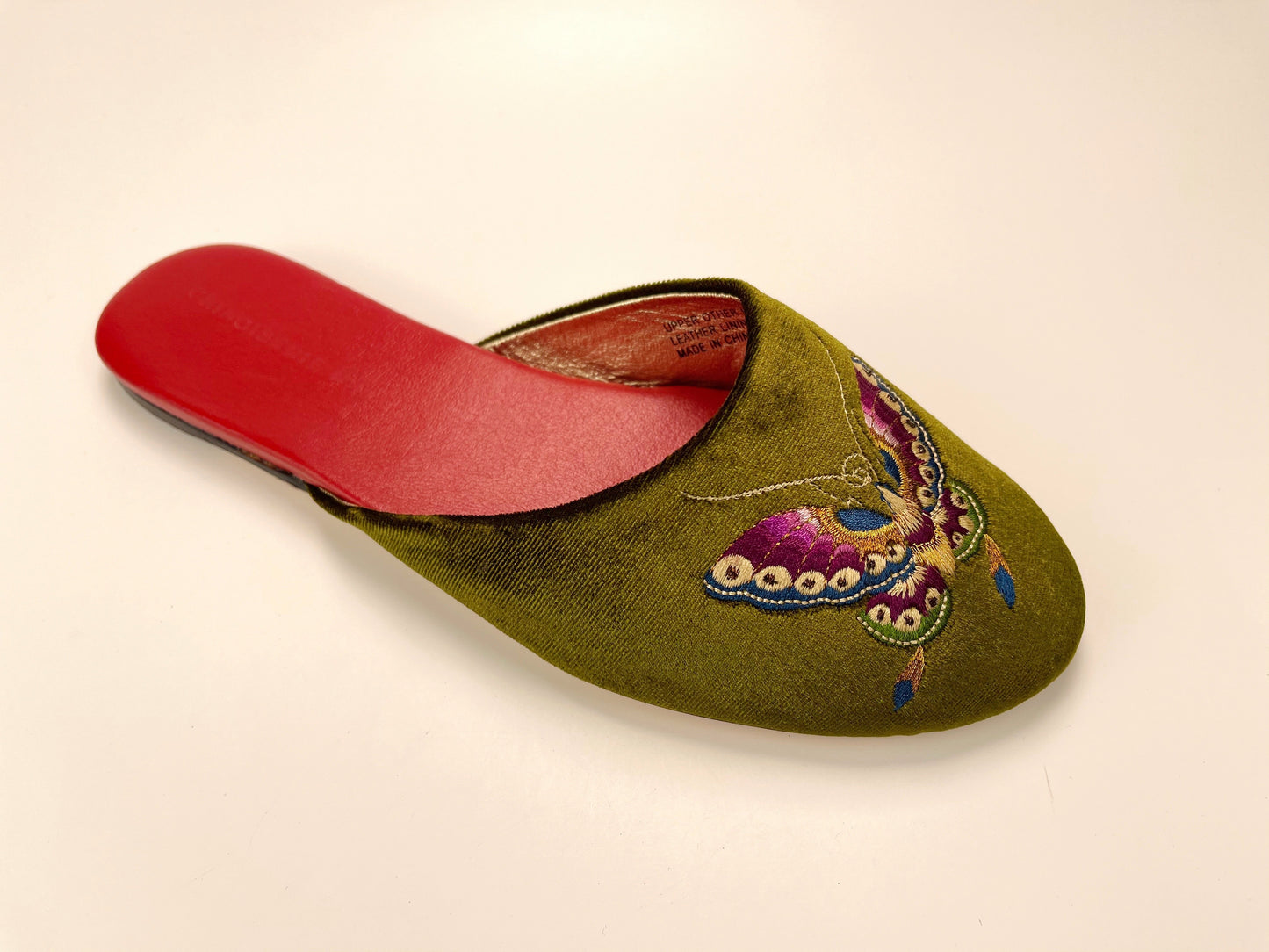 Embroidered butterfly in olive velvet mules slippers
