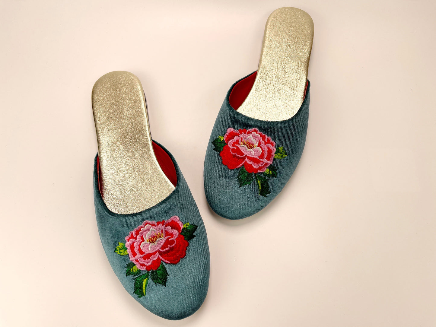 Embroidered peony in teal velvet mules slippers