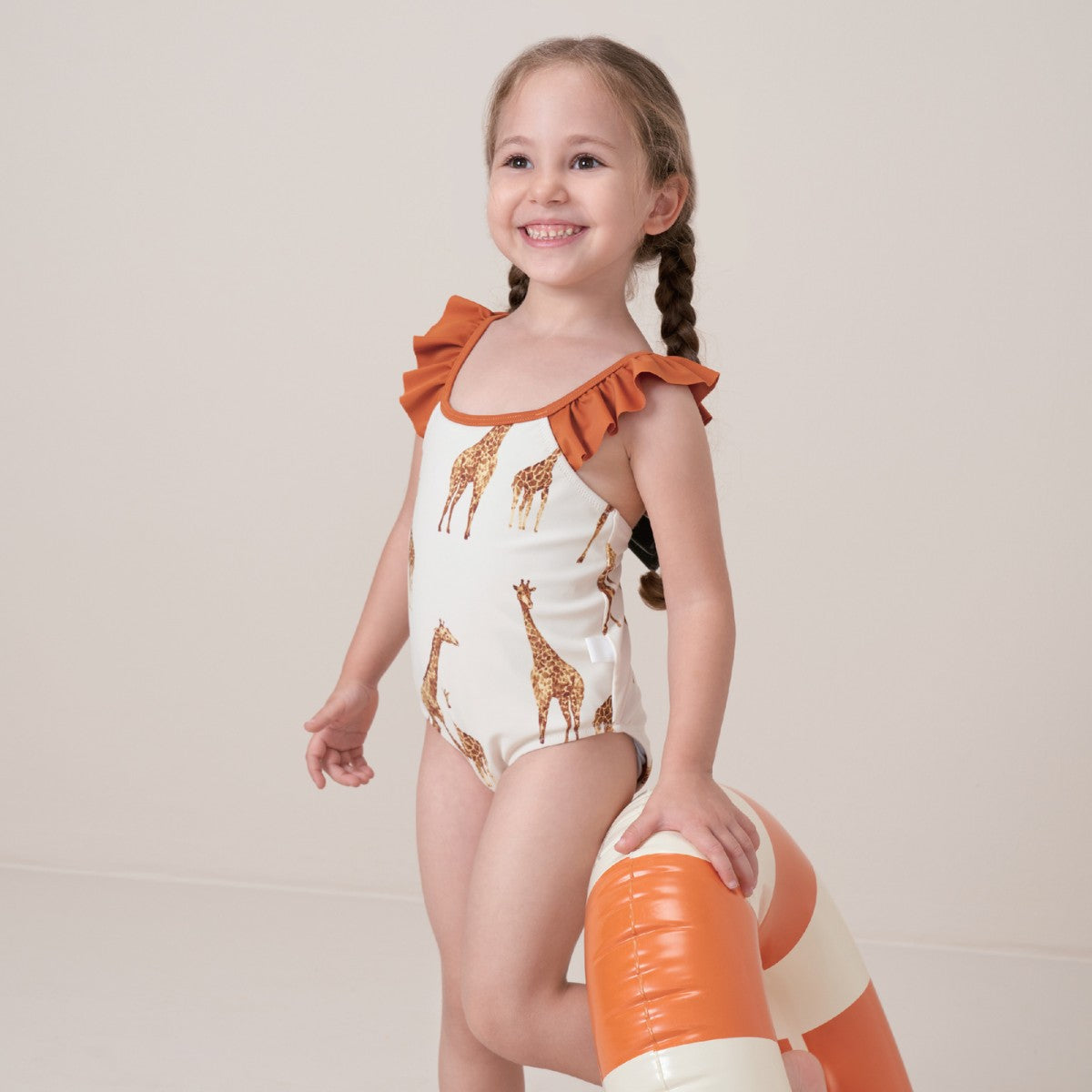 Orange Giraffe Giraffe Ruffled Cross Back Swimsuit