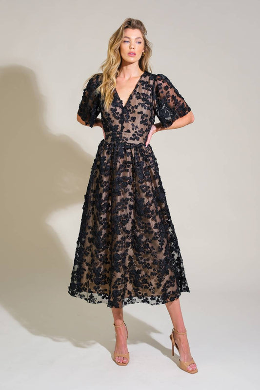 DREAMY BLOSSOM WOVEN LACE MIDI DRESS