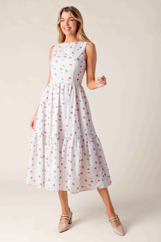THENA GARDEN PARTY WOVEN EYELET MIDI DRESS