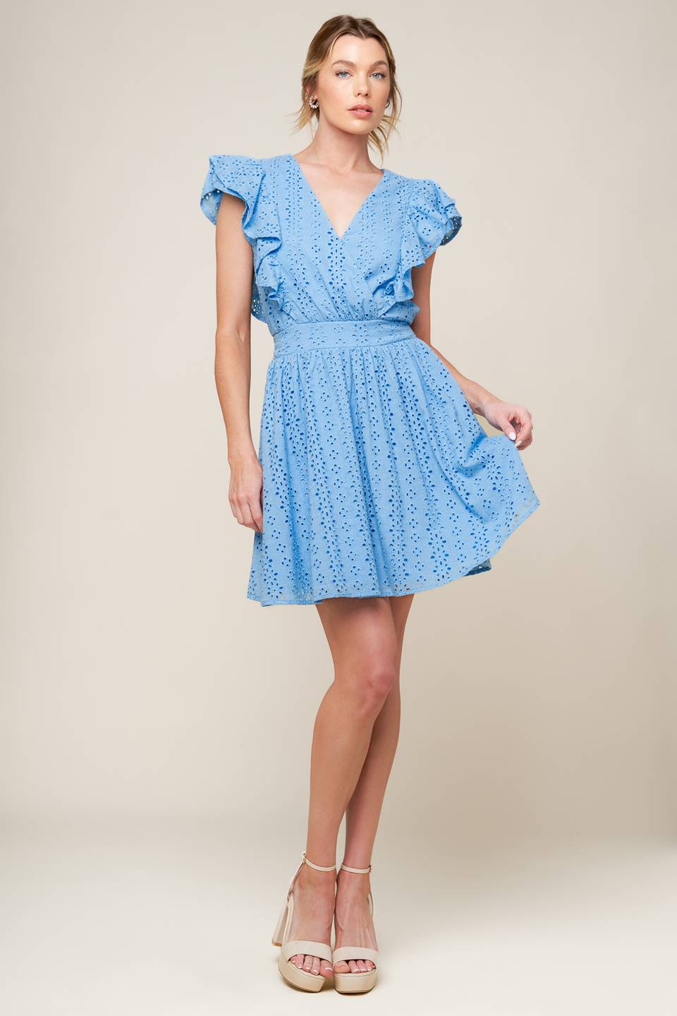 KEEP ME CLOSE POWDER BLUE WOVEN MINI DRESS