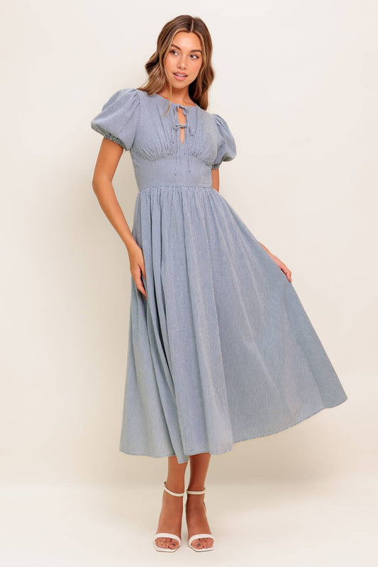 COZY GARDEN IVORY BLUE WOVEN MIDI DRESS